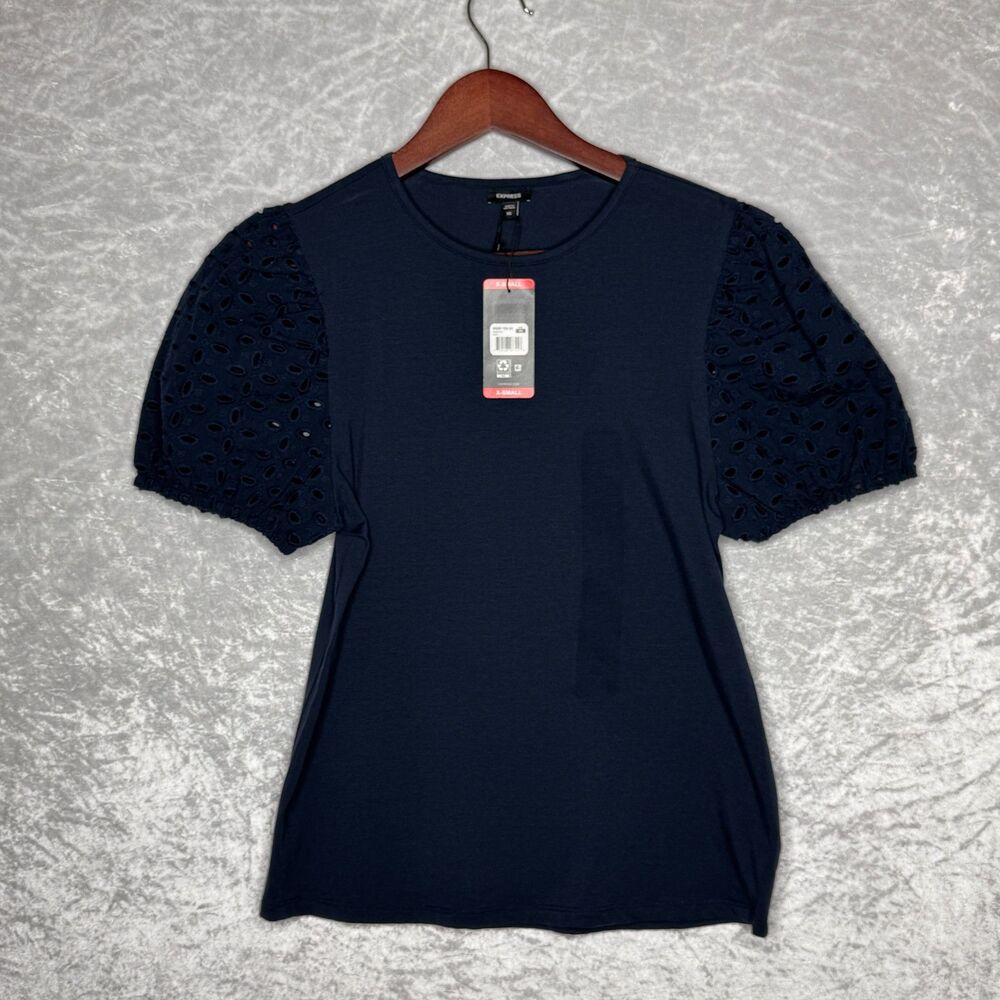 (READ) NWT Short Sleeve Express Top Navy Blue Size XS Eyelet Puff Sleeves